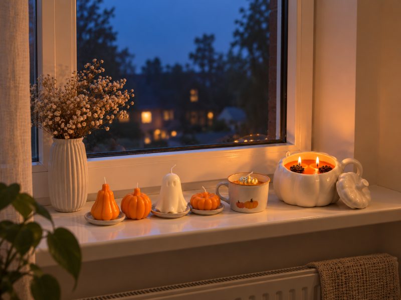 Halloweenowa aranżacja na parapecie: trzy małe świece dynie, biała świeca duszek, złota świeca w kształcie dyni i ceramiczny kubek-dynia z pokrywką na tle okna o zmierzchu