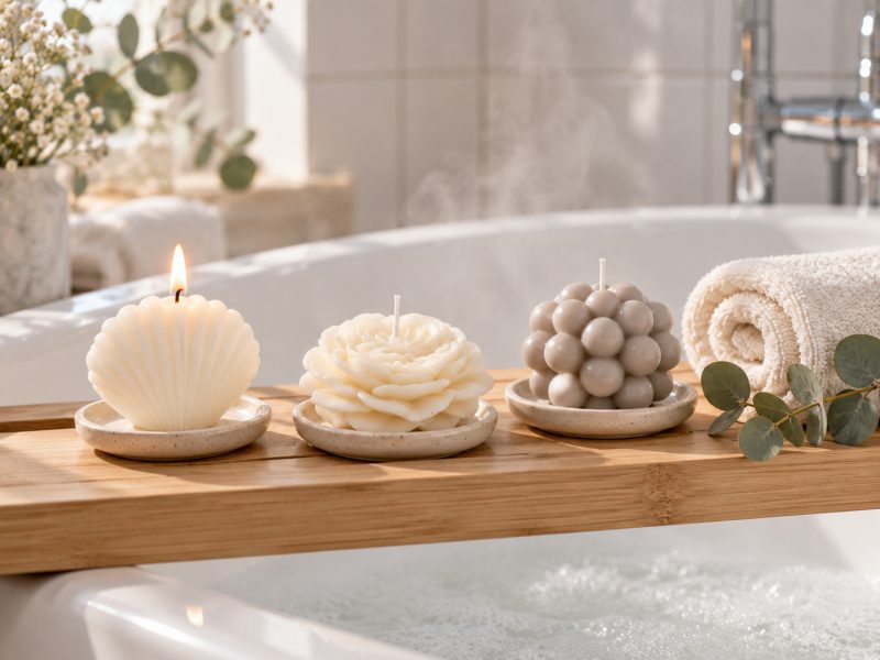 Aranżacja w łazience w stylu coastal: biała świeca sojowa muszla, jasna świeca w kształcie kwiatu i szara świeca bubble na drewnianej p&oacute;łce przy wannie, obok zwinięty ręcznik