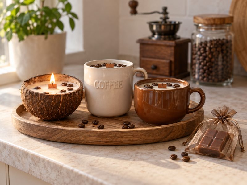 Kącik kawowy na wyspie kuchennej: świeca sojowa w łupinie kokosa z ziarnami kawy, kremowy ceramiczny kubek z napisem COFFEE i niska świeca z jasnym woskiem w brązowym kubku obok młynka do kawy